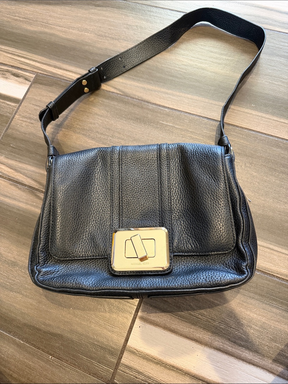 Michael Kors Black Leather Shoulder Bag with Gold-Tone Plaque